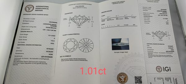 Diament Lab Certyfikat 1,01ct / D / VVS2 Certyfikat - obrazek 4